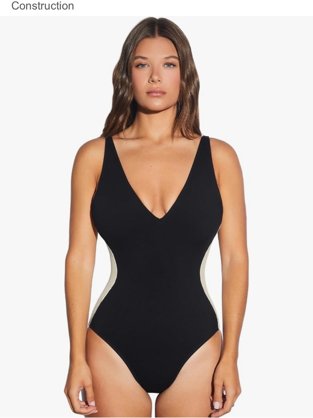 TA3 PLUNGEY V-Neck One-Piece Swimsuit in Black and Cream in Medium R/L